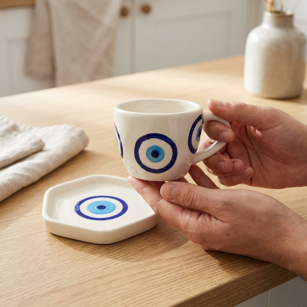 Ceramic Evil Eye Cup and Saucer Set – Modern Minimalist Design (Set Of 2)