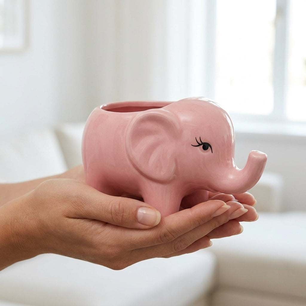 Pink Elephant Ceramic Planter Pot with Drainage, Pack of 1, Small Indoor Desk Garden Decor