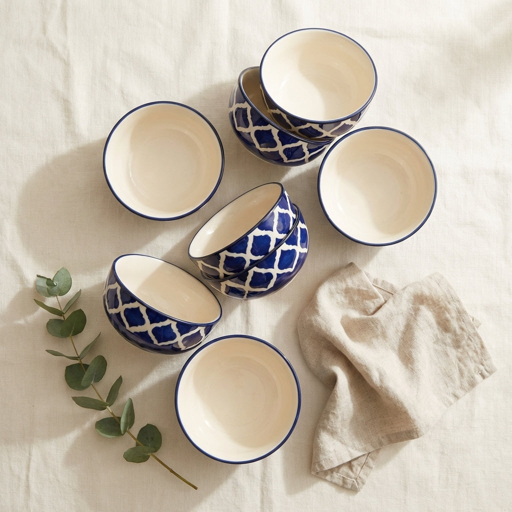 Blue Ceramic Bowl Set, Pack of 6, Microwave Safe Elegant Kitchen Dinnerware