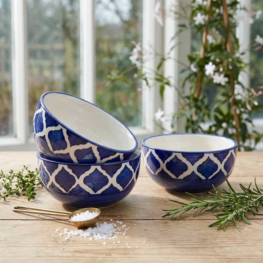 Claybender's Ceramic Bowls, Pack of 2, Blue Geometric Design