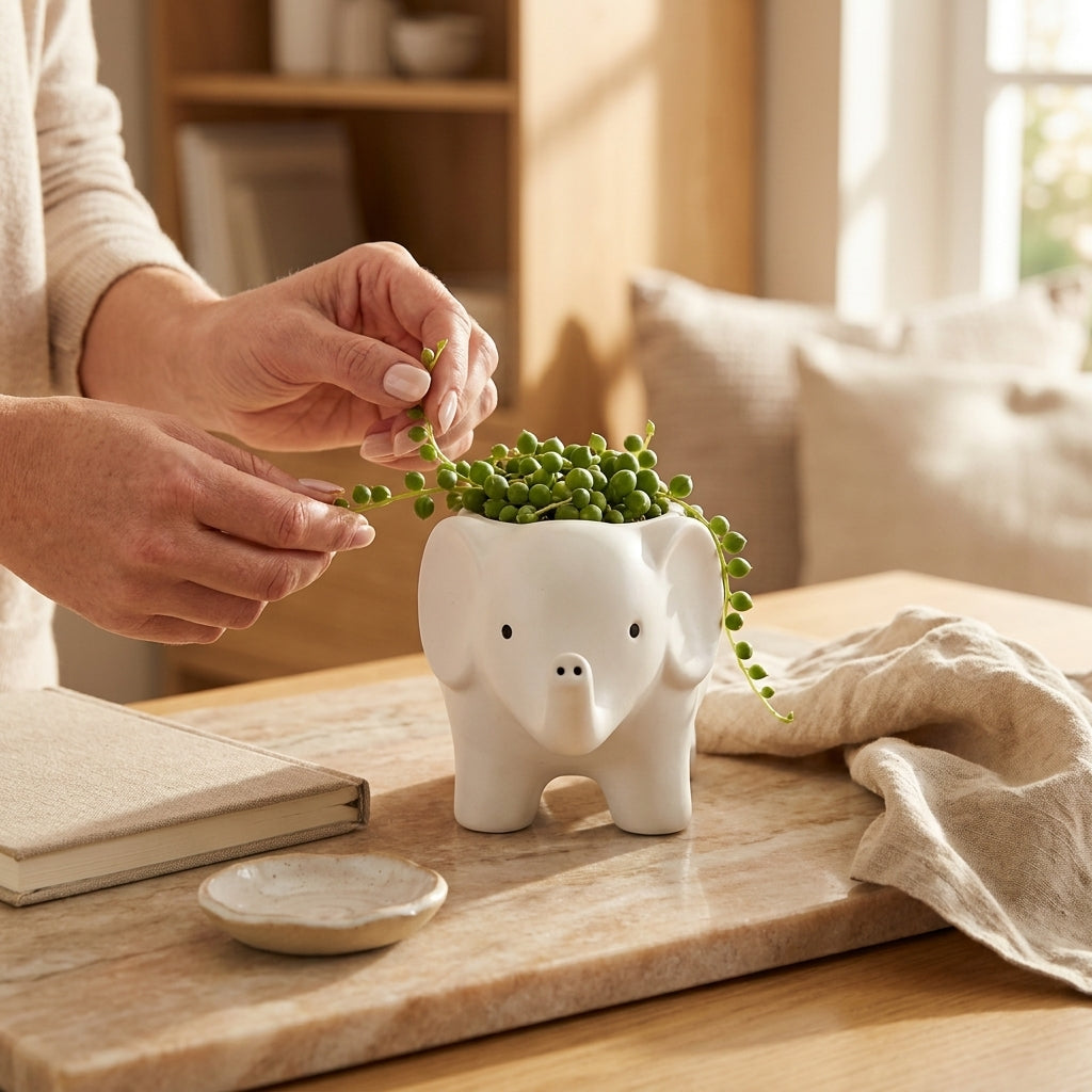 Ceramic Baby Elephant Indoor Planter Pot, Pack of 1, Handcrafted Oval Design