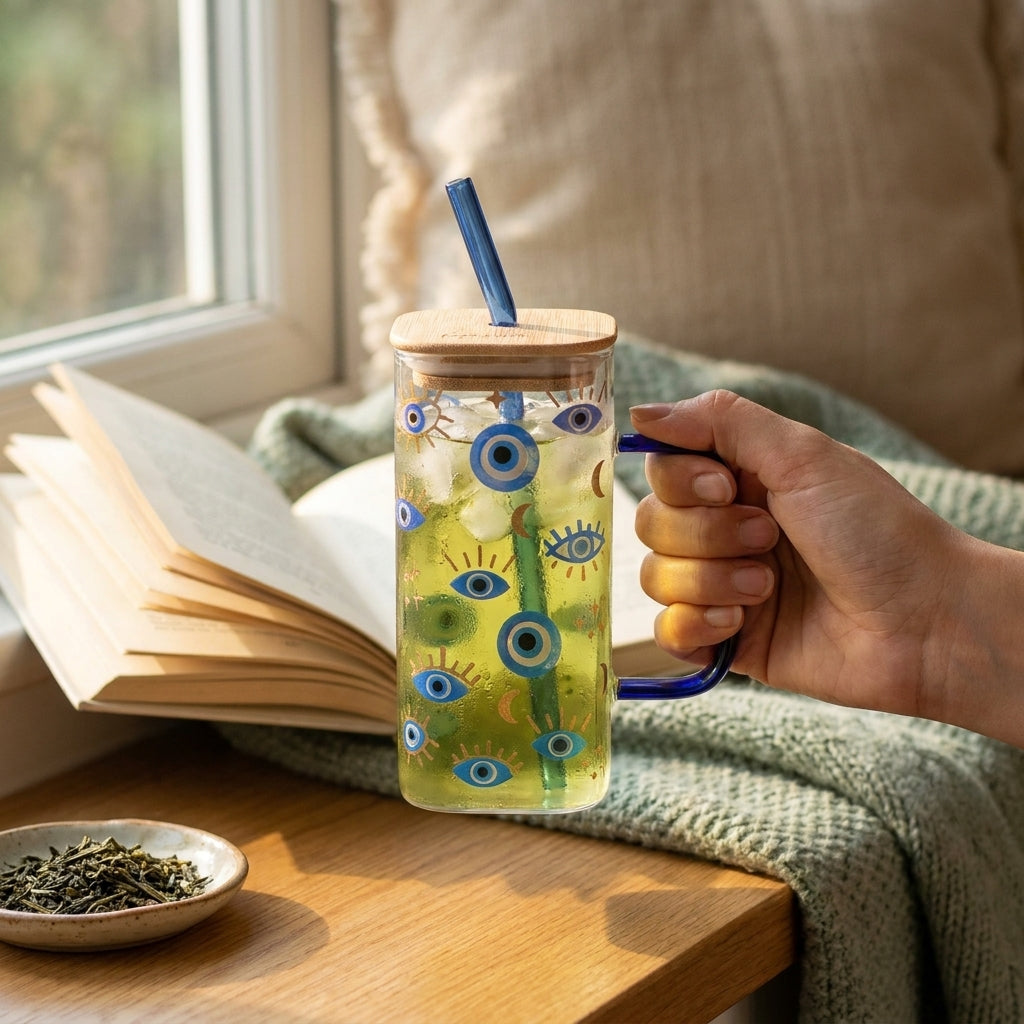 Evil Eye Glass Tumbler with Wooden Lid, Pack of 1, Square Design