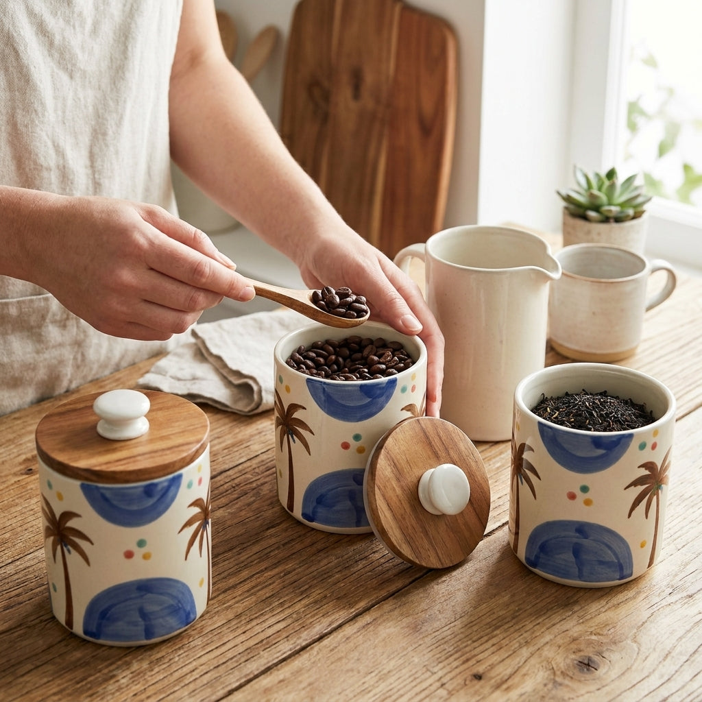 Hand Painted Ceramic Storage Jars with Wooden Lids, Pack of 2, Multicolor