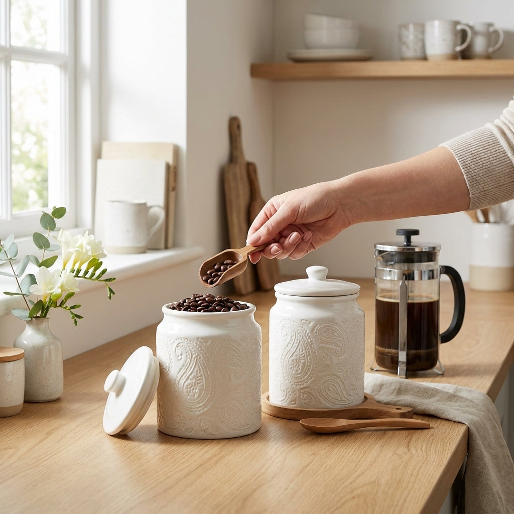 White Ceramic Storage Jars with Spoons, Pack of 2, 700ml Kitchen Canisters