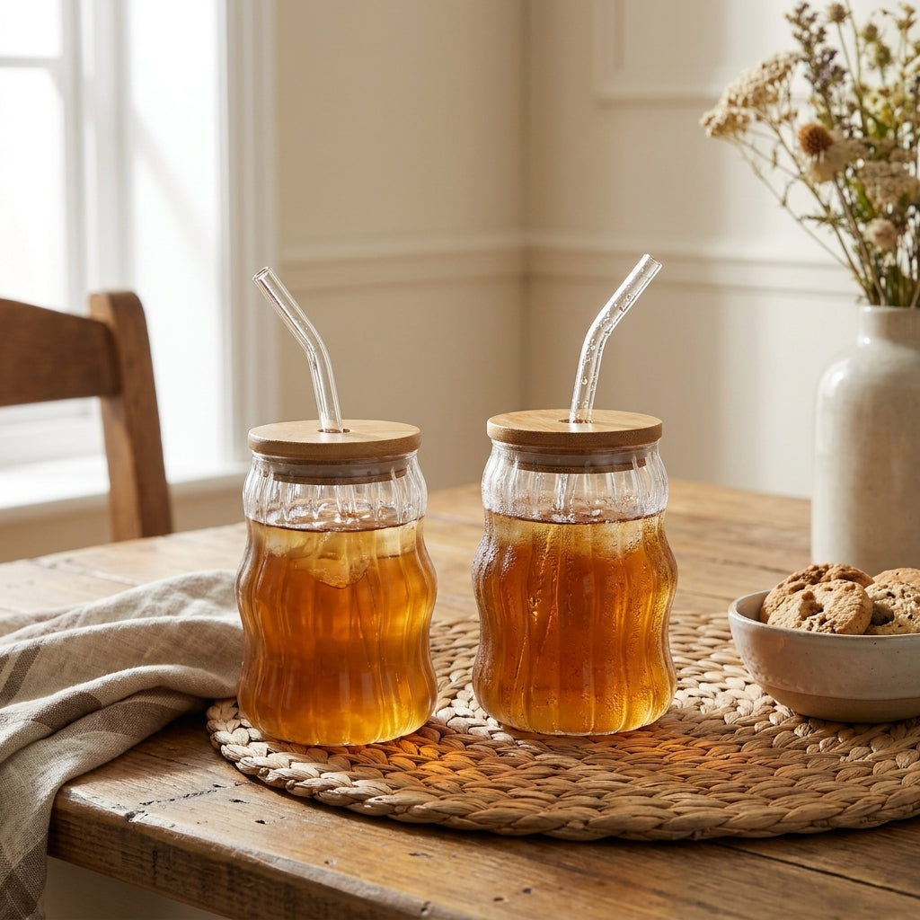 Wave Striped Glass Tumblers with Lid and Straw 500ml, Pack of 2, Clear