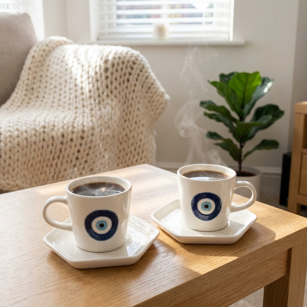 Ceramic Evil Eye Cup and Saucer Set – Modern Minimalist Design (Set Of 2)
