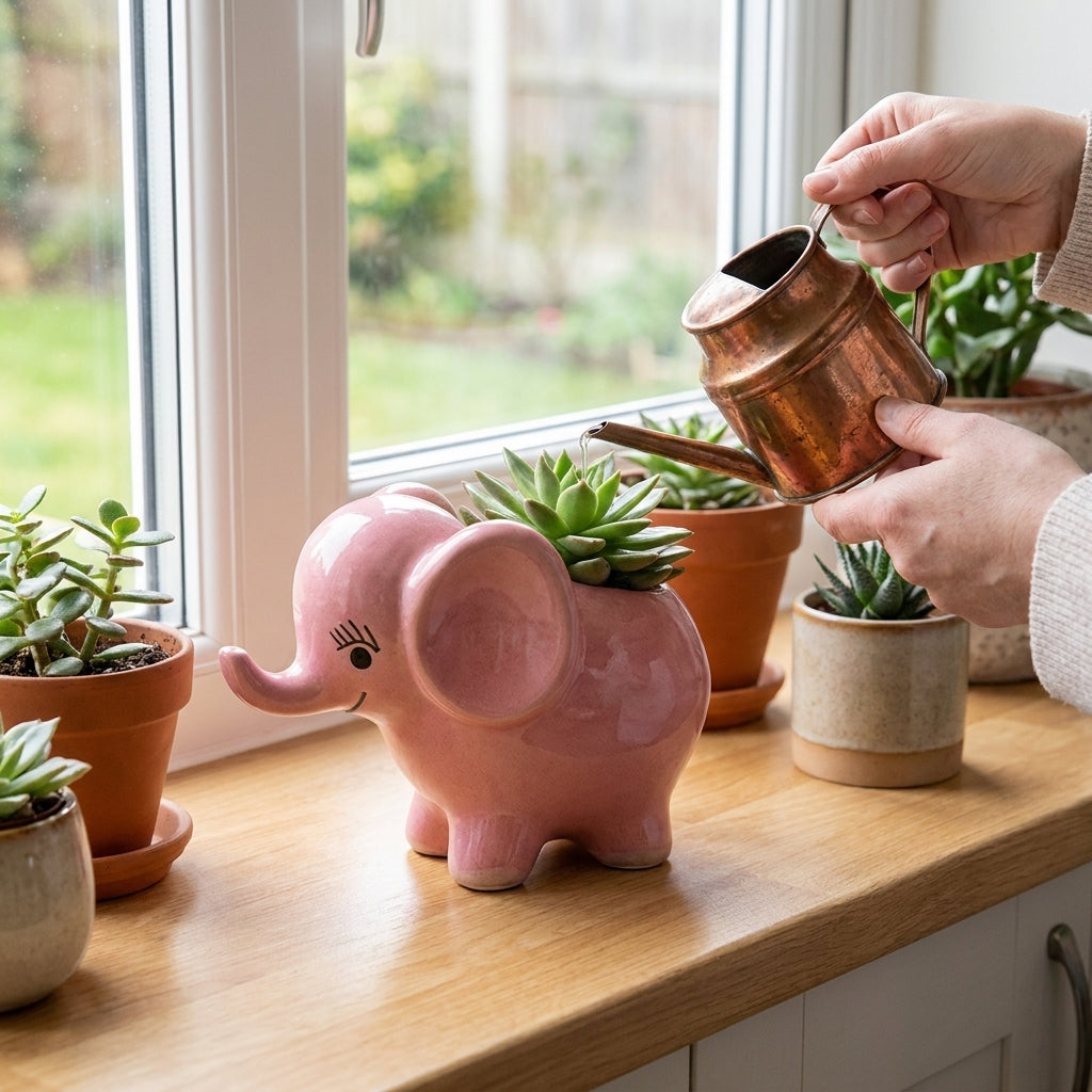 Pink Elephant Ceramic Planter Pot with Drainage, Pack of 1, Small Indoor Desk Garden Decor