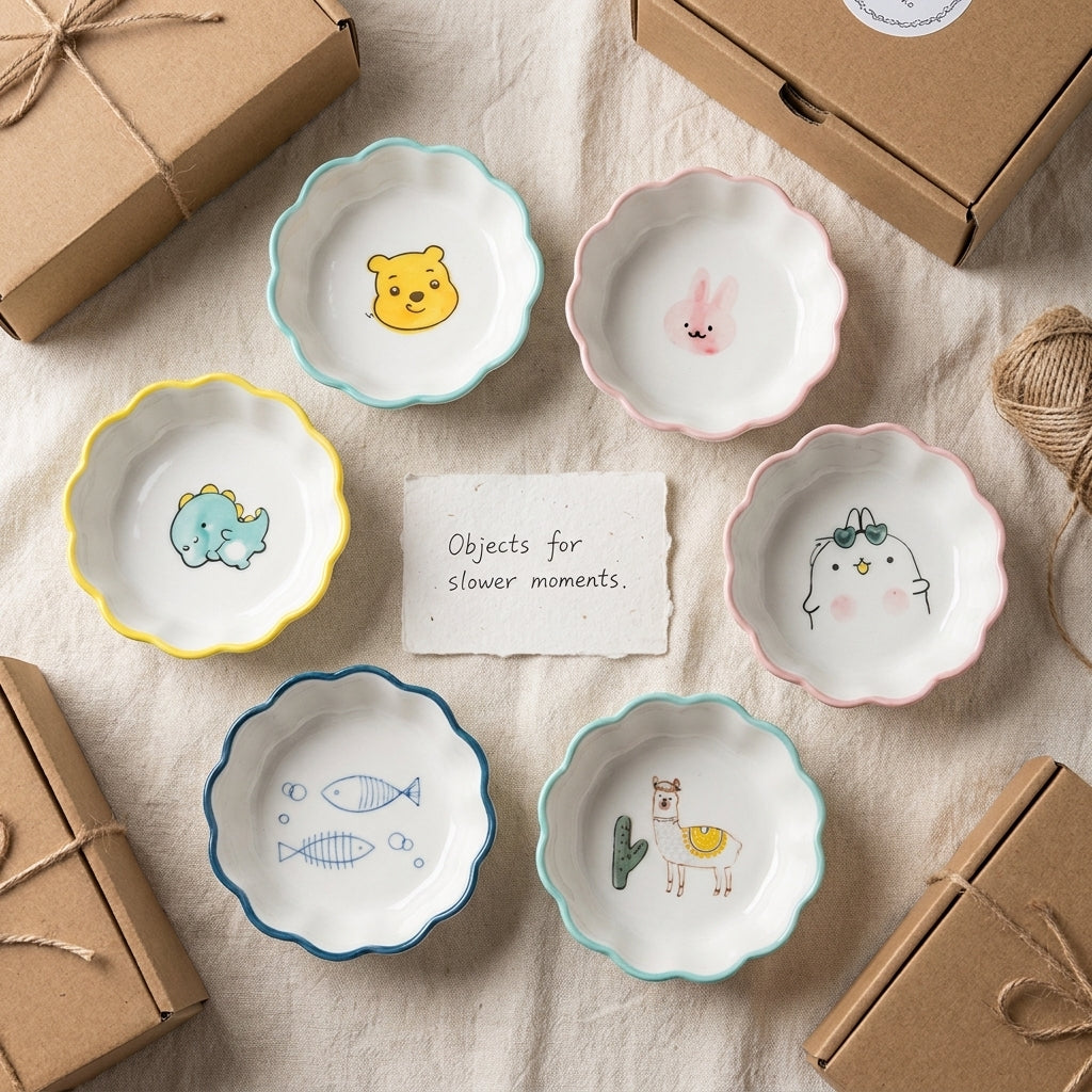 Ceramic Mini Dip Bowls Set, Pack of 6, Cute Cartoon Design