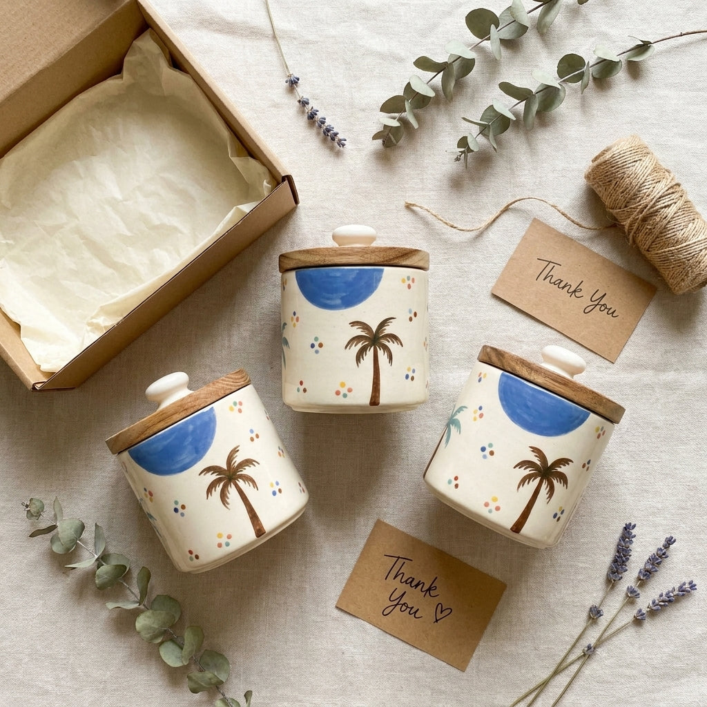 Hand Painted Ceramic Storage Jars with Wooden Lids, Pack of 2, Multicolor