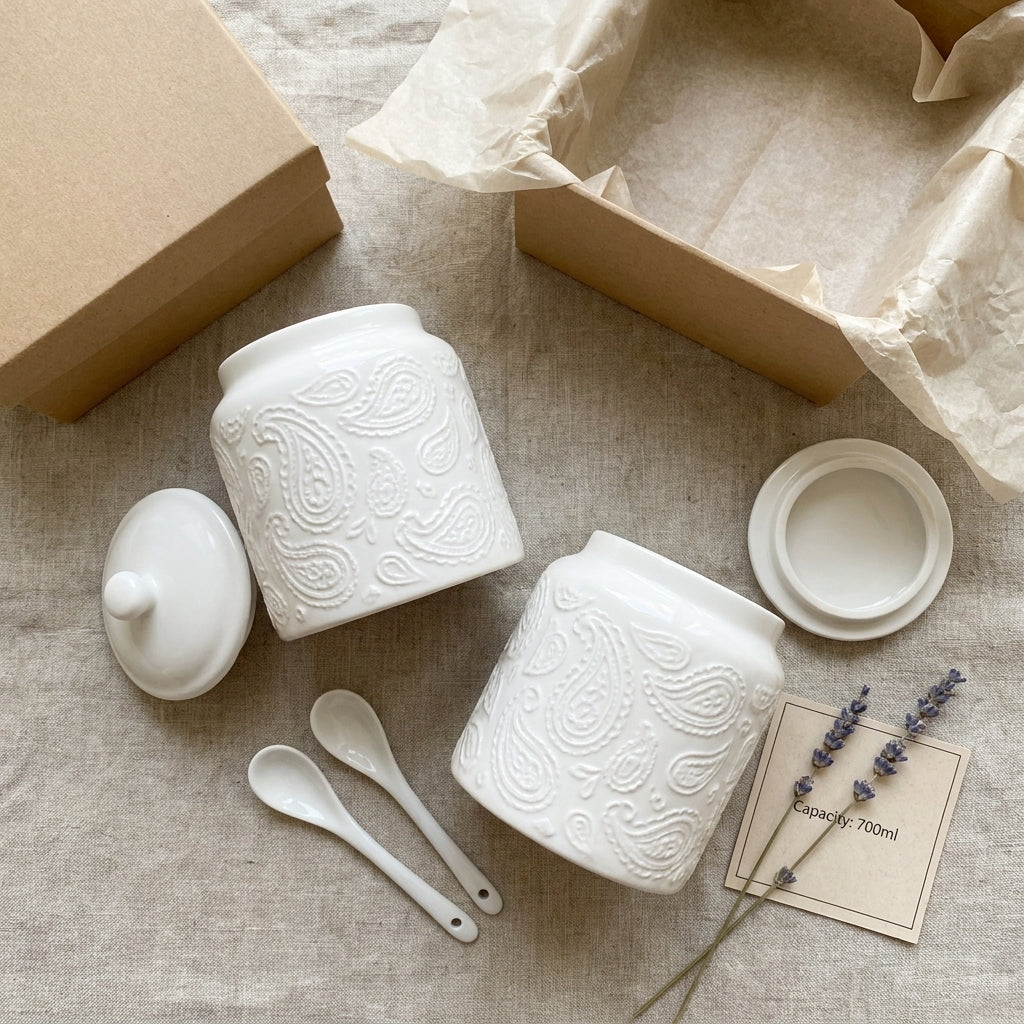 White Ceramic Storage Jars with Spoons, Pack of 2, 700ml Kitchen Canisters