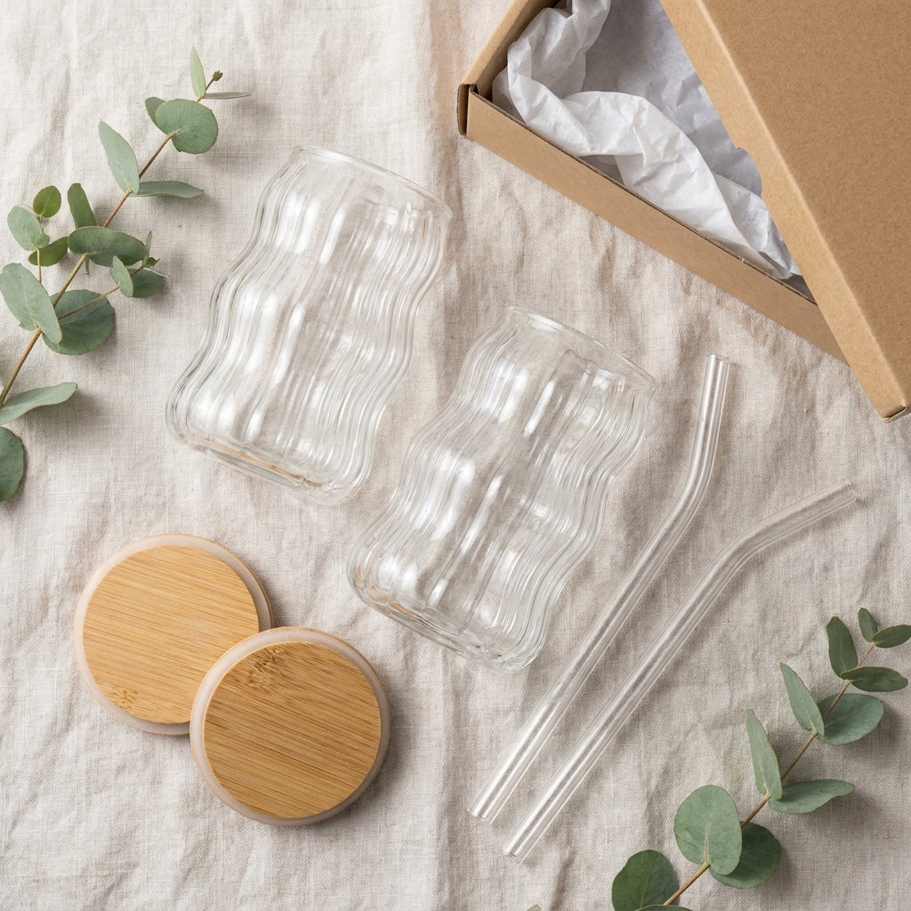 Wave Striped Glass Tumblers with Lid and Straw 500ml, Pack of 2, Clear