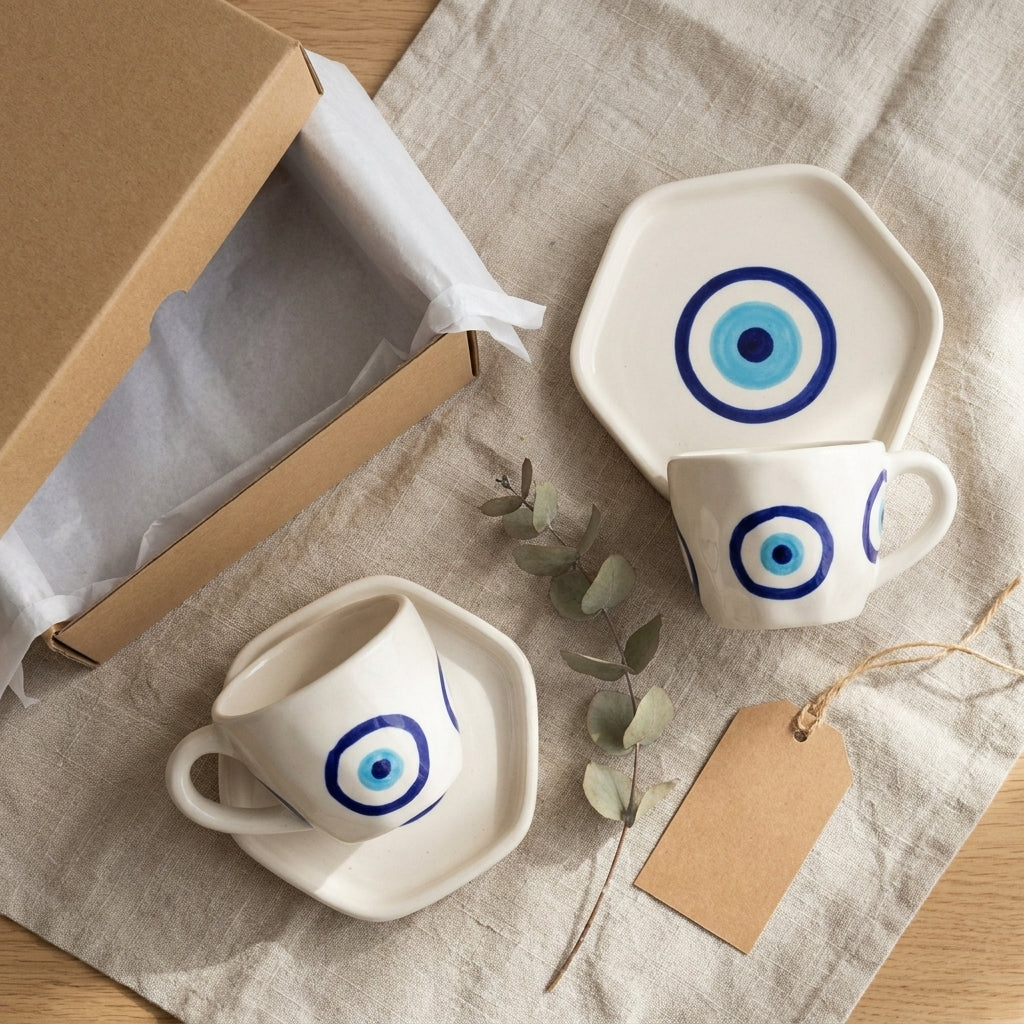 Ceramic Evil Eye Cup and Saucer Set – Modern Minimalist Design (Set Of 2)
