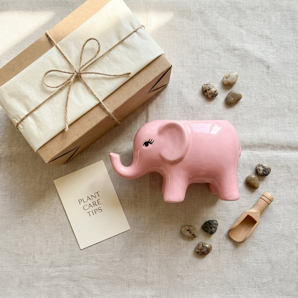 Pink Elephant Ceramic Planter Pot with Drainage, Pack of 1, Small Indoor Desk Garden Decor