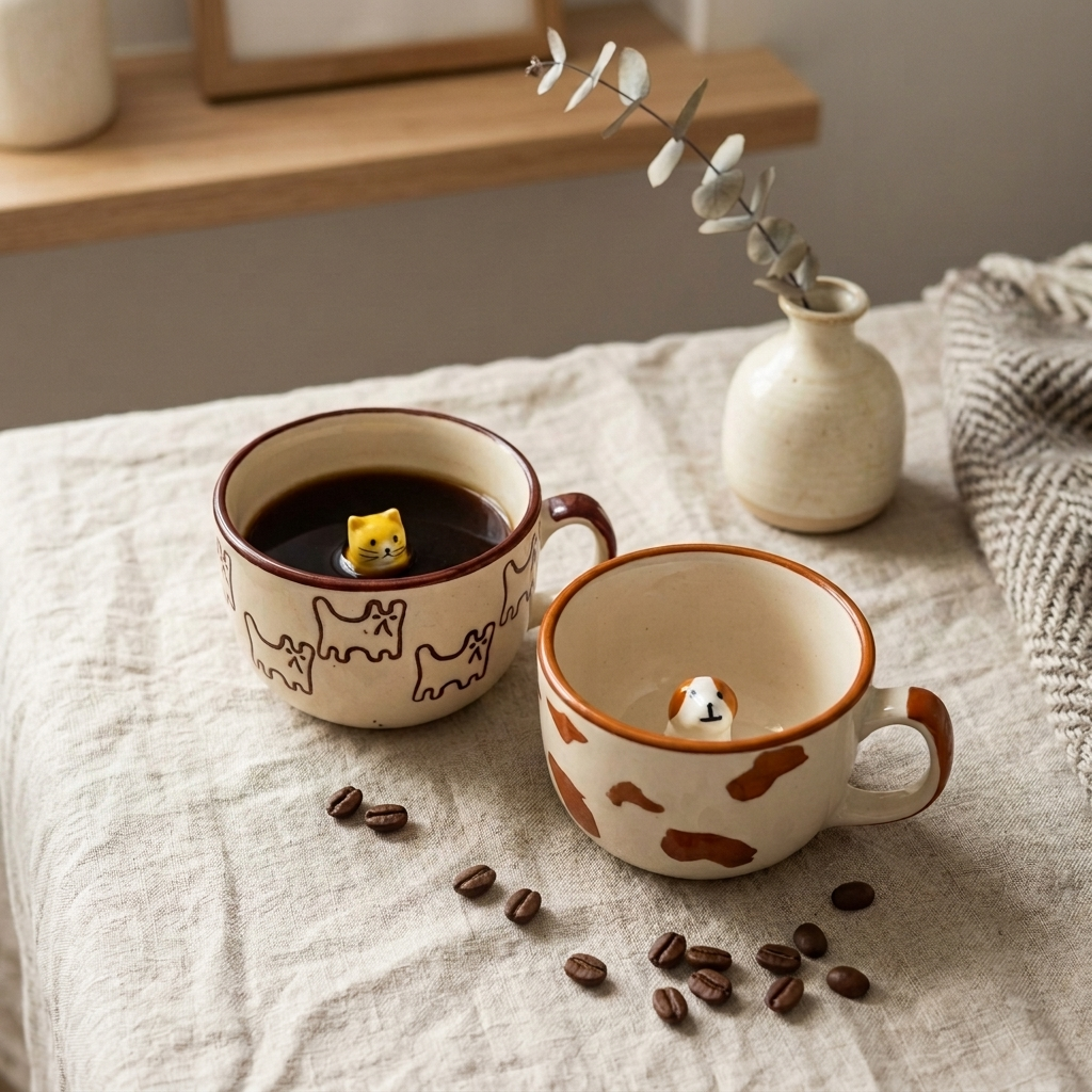 Handmade Ceramic Animal Coffee Mug with 3D Dog Cat Surprise Inside, Pack of 1, Unique Design